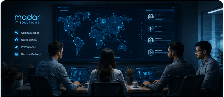 Madar IT team reviewing a project dashboard